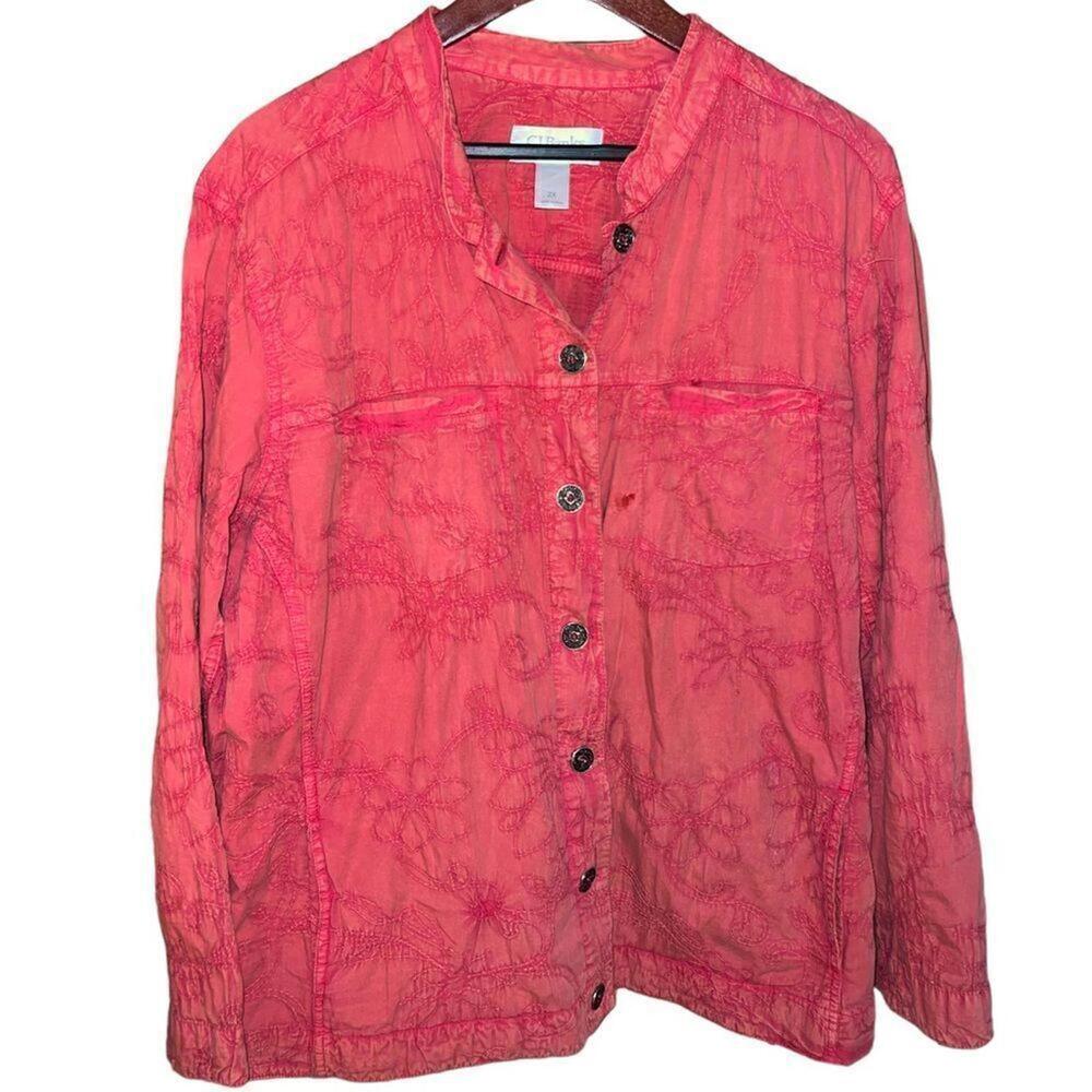 CJ Banks Women’s 2X Orange‎ Red Embroidered Button Front Long Sleeve Top